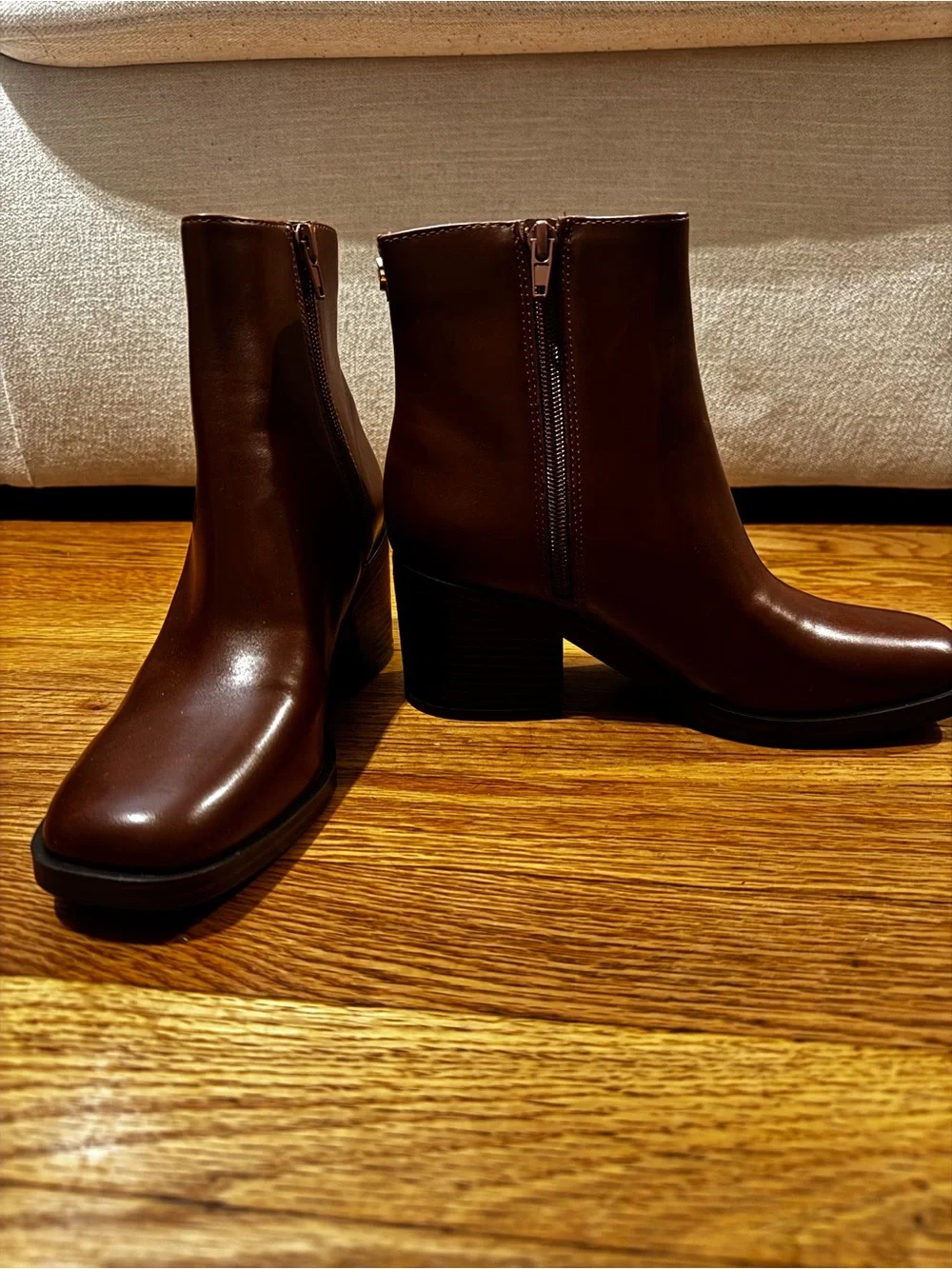 Nine West Brown Leather Ankle Booties with Stacked Heel